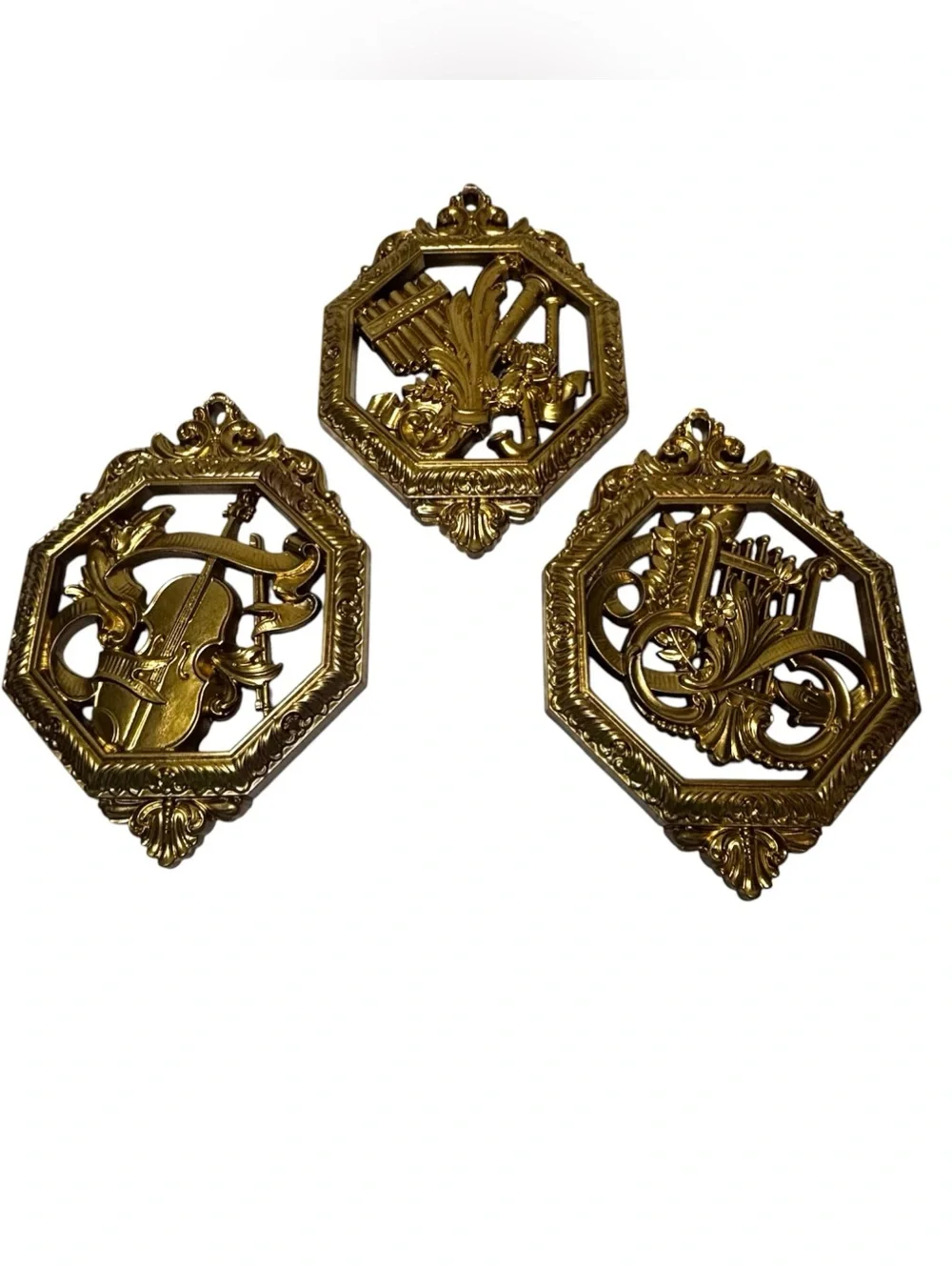 Dart Industries Homco Gold Hollywood Regency Musical Instrument Wall Plaques (3)